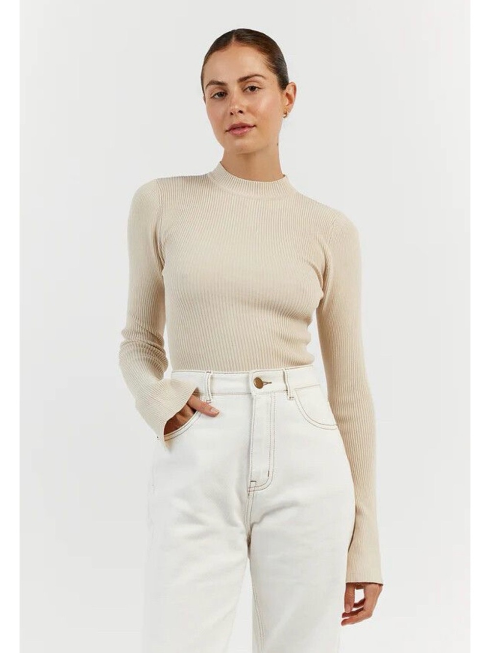 DISSH Donna Ribbed Stone Top Turtleneck Funnel Neck Sweater Shirt